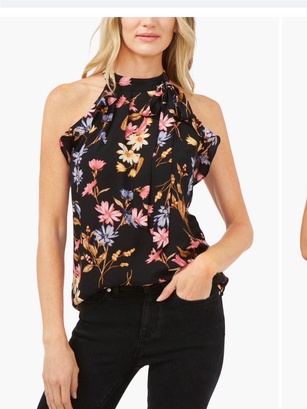 CeCe Black Floral Halter Top with Pink, Cream & Blue Flowers